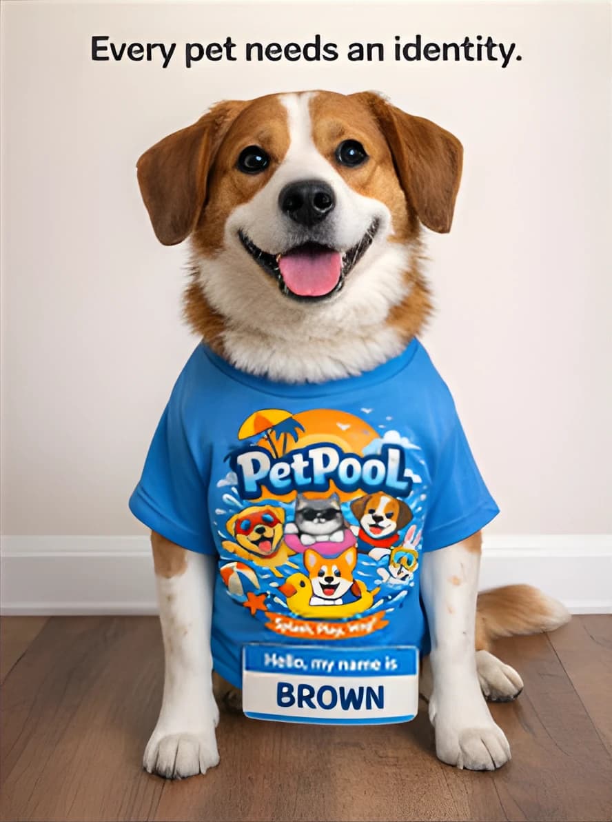 Brown, a brown and white dog, wears a blue PetPool t-shirt and a name tag that reads Hello, my name is BROWN. The panel says Every pet needs an identity.